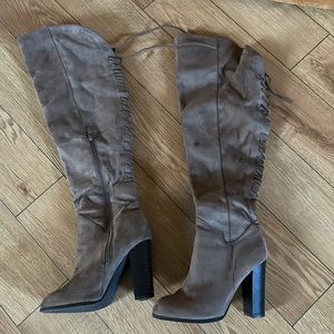 Tan over the knee heeled boots